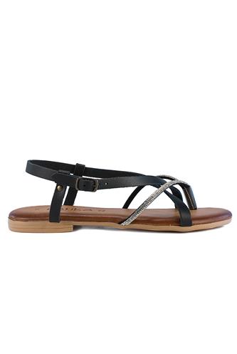 Sandal Black Leather Strass, LATIKA